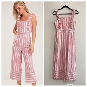 Lulus Emilia Rae Red Striped Ruffle Culotte Jumpsuit Size Small